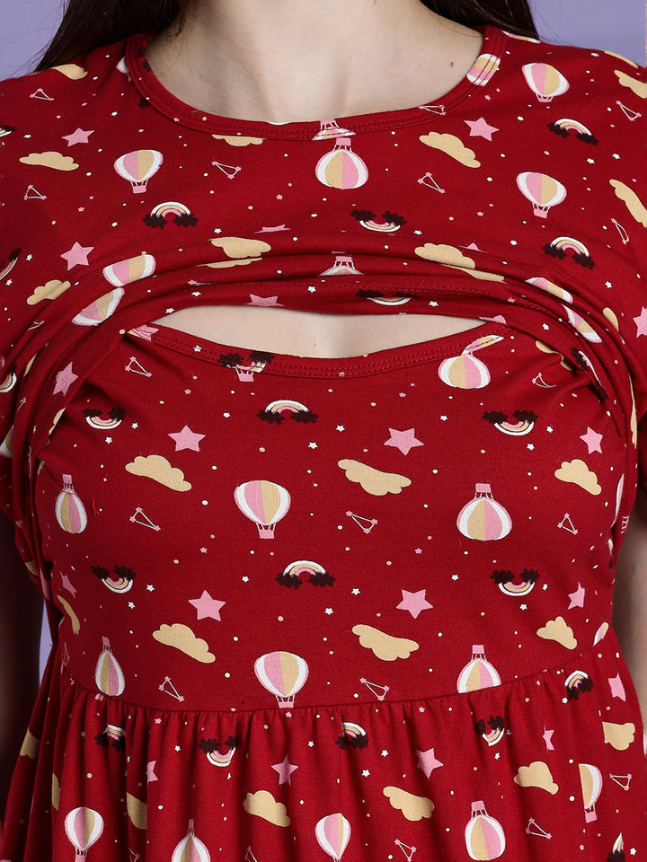 Red printed maternity and zipless feeding nighty for women
