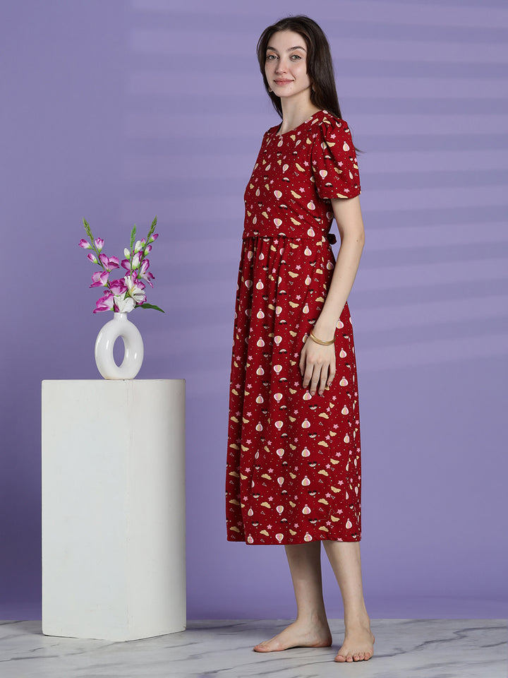 Red printed maternity and zipless feeding nighty for women