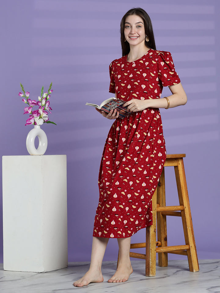 Red printed maternity and zipless feeding nighty for women