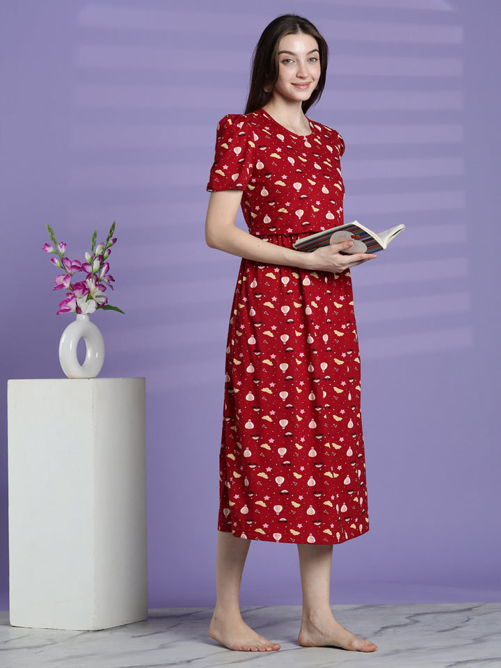Red printed maternity and zipless feeding nighty for women