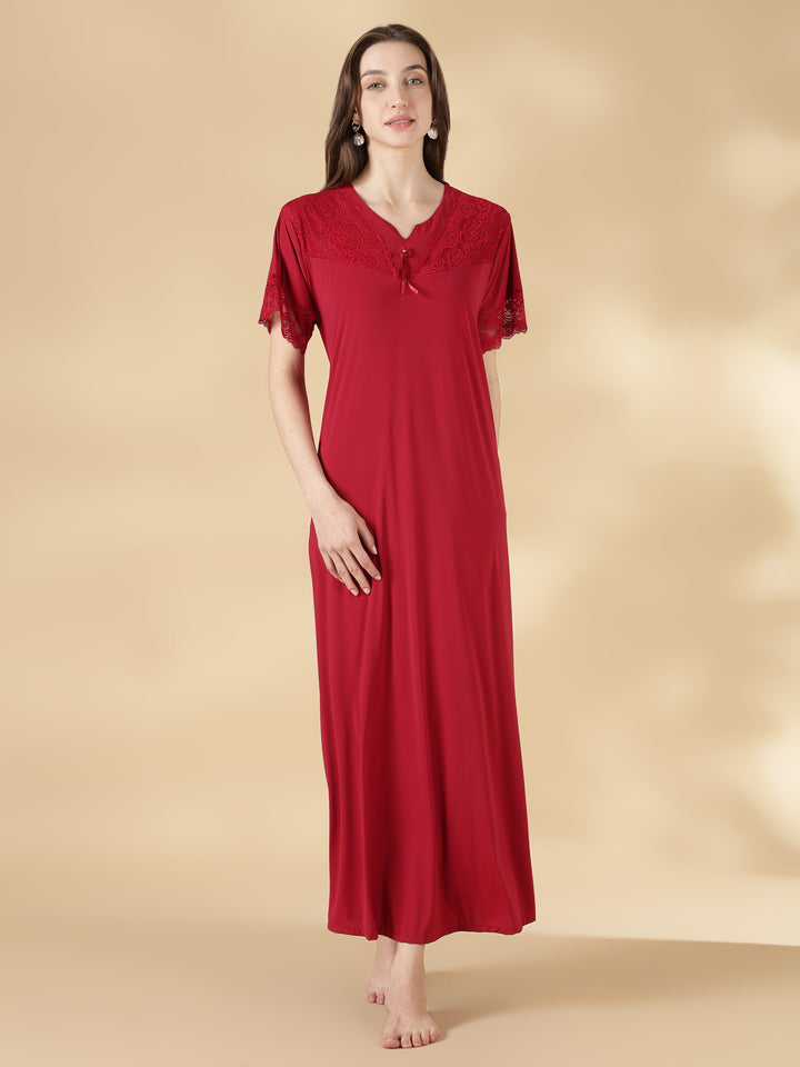 Premium malai fabric red nighty for women with lace