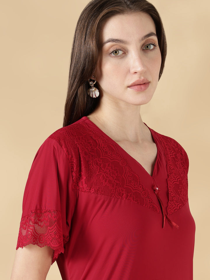 Premium malai fabric red nighty for women with lace