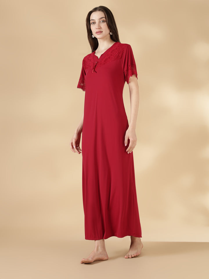 Premium malai fabric red nighty for women with lace