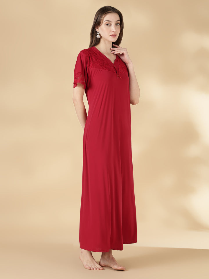 Premium malai fabric red nighty for women with lace