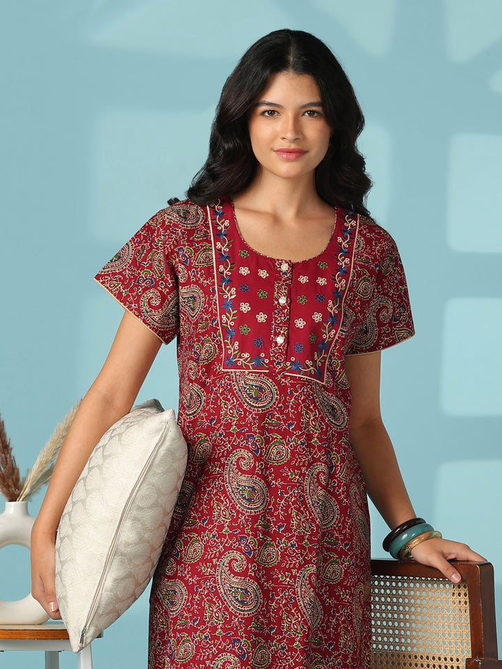 Red paisley print cotton nighty dress for women online