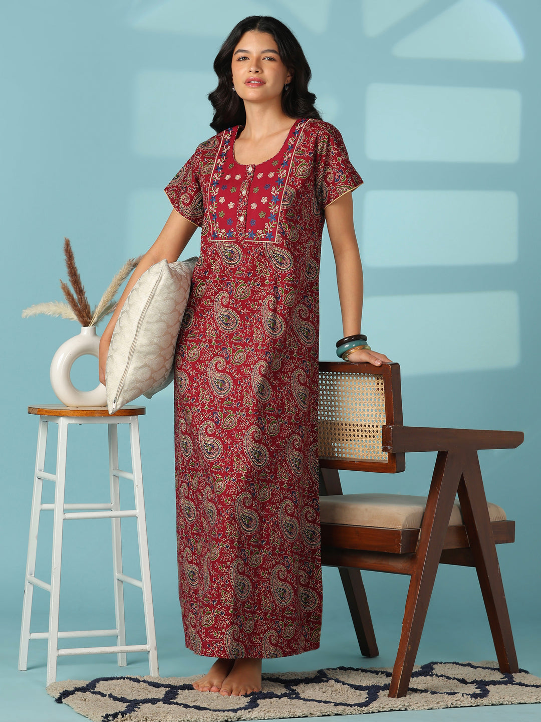 Red paisley print cotton nighty dress for women online