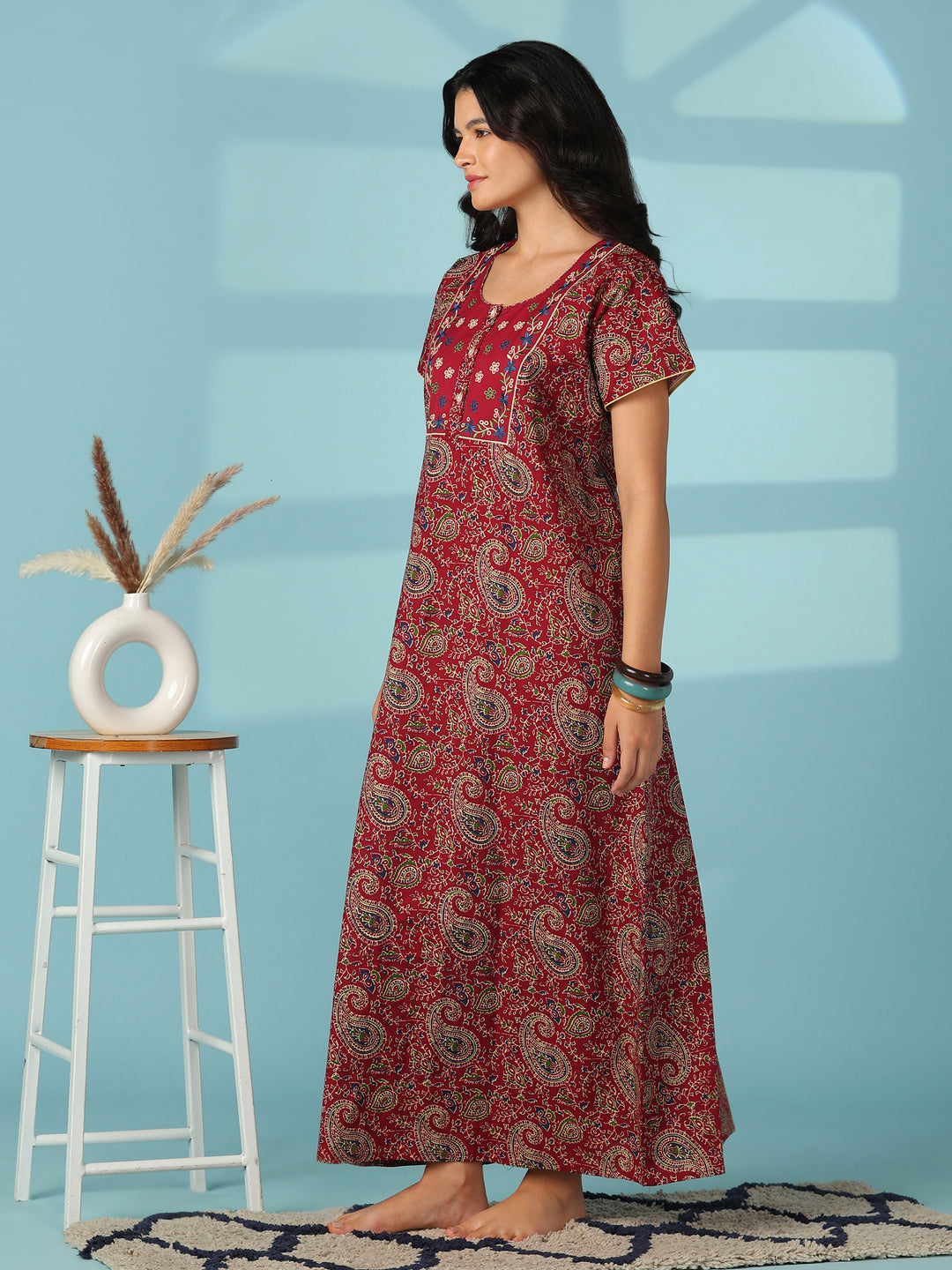 Red paisley print cotton nighty dress for women online