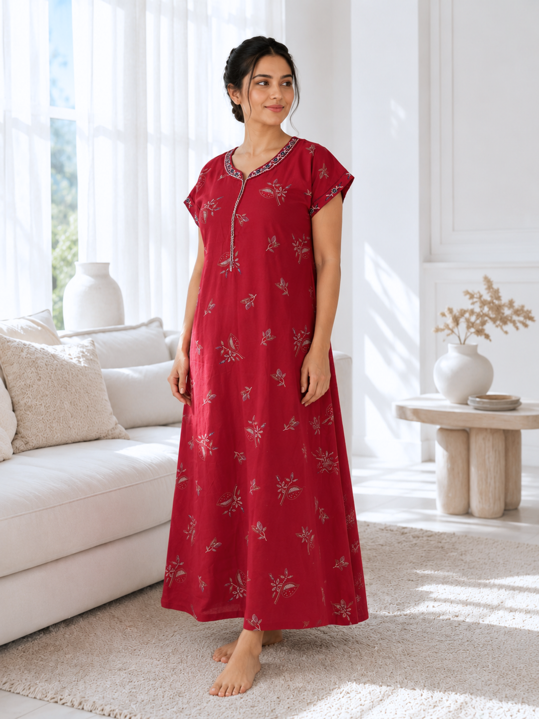 Maroon floral designer nighty for ladies featuring a premium posy print.