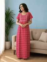 Pure Cotton Utsav Blush Floral Motif Nightdress with Embroidered Yoke