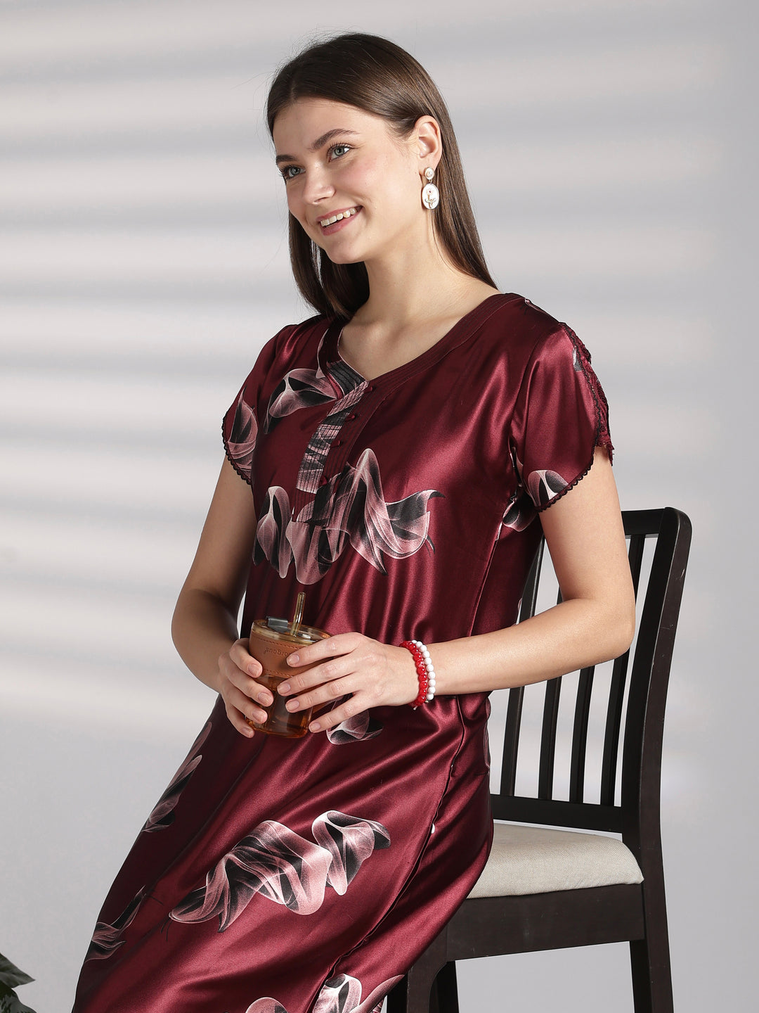 Premium satin nighty for women in smoky print online