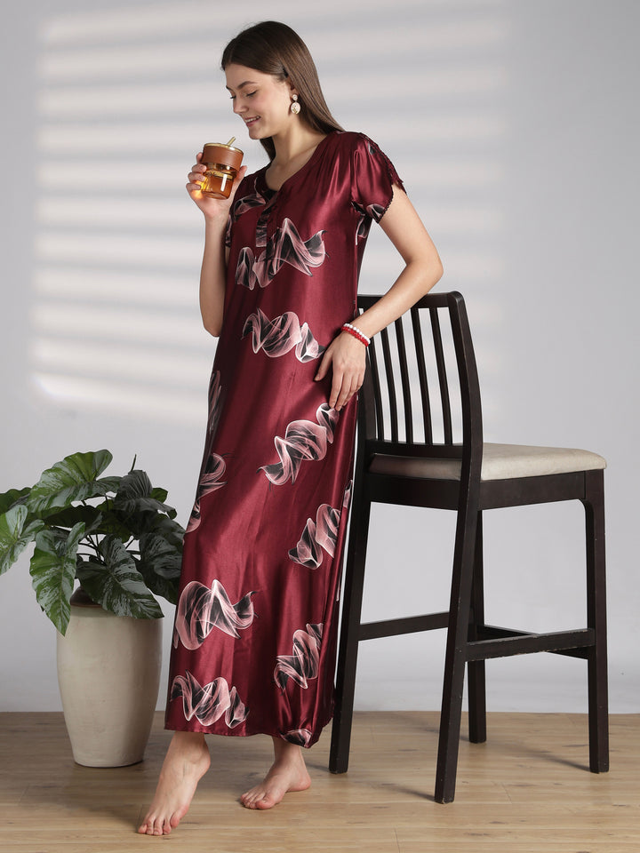Premium satin nighty for women in smoky print online