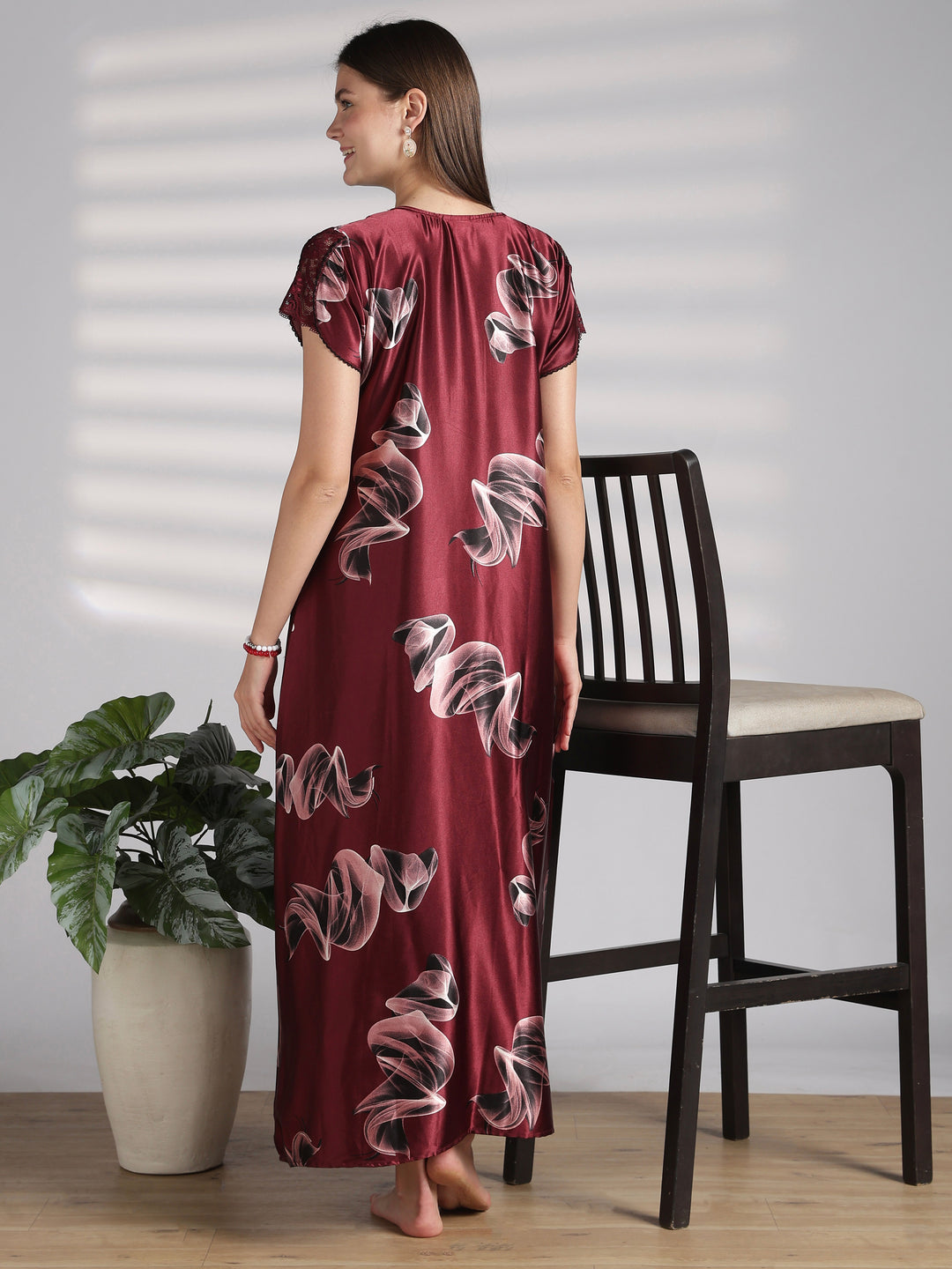 Premium satin nighty for women in smoky print online