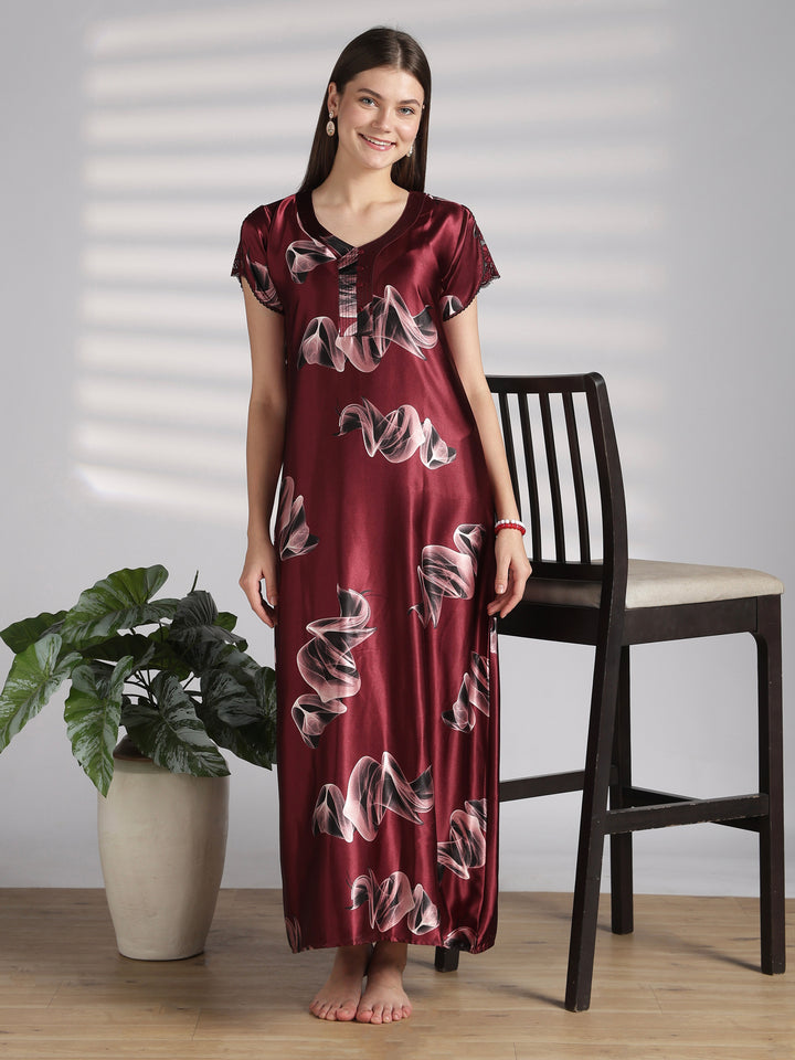 Premium satin nighty for women in smoky print online