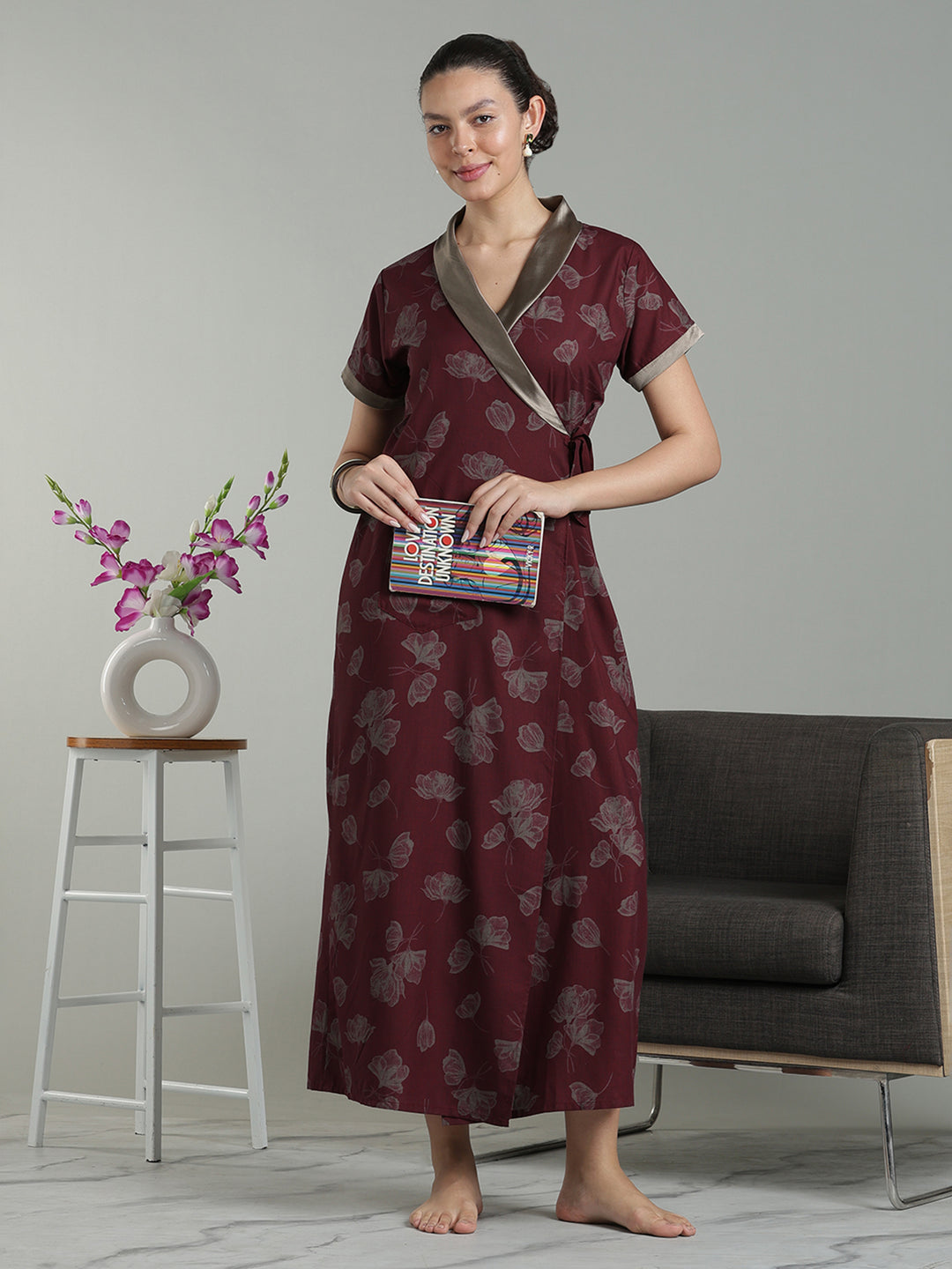 Red wine viscose blend premium housecoat for women