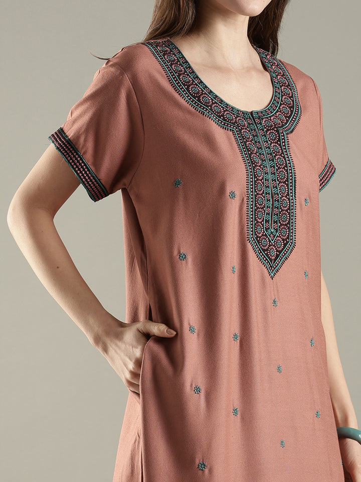 Rose brown alpine ethnic embroidered nighty for women