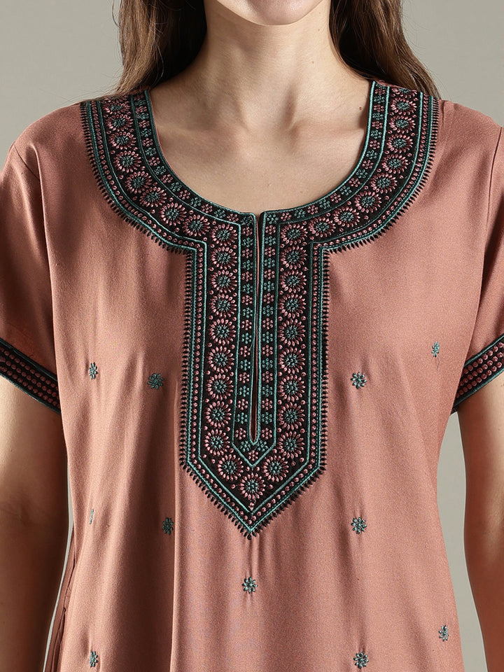 Rose brown alpine ethnic embroidered nighty for women