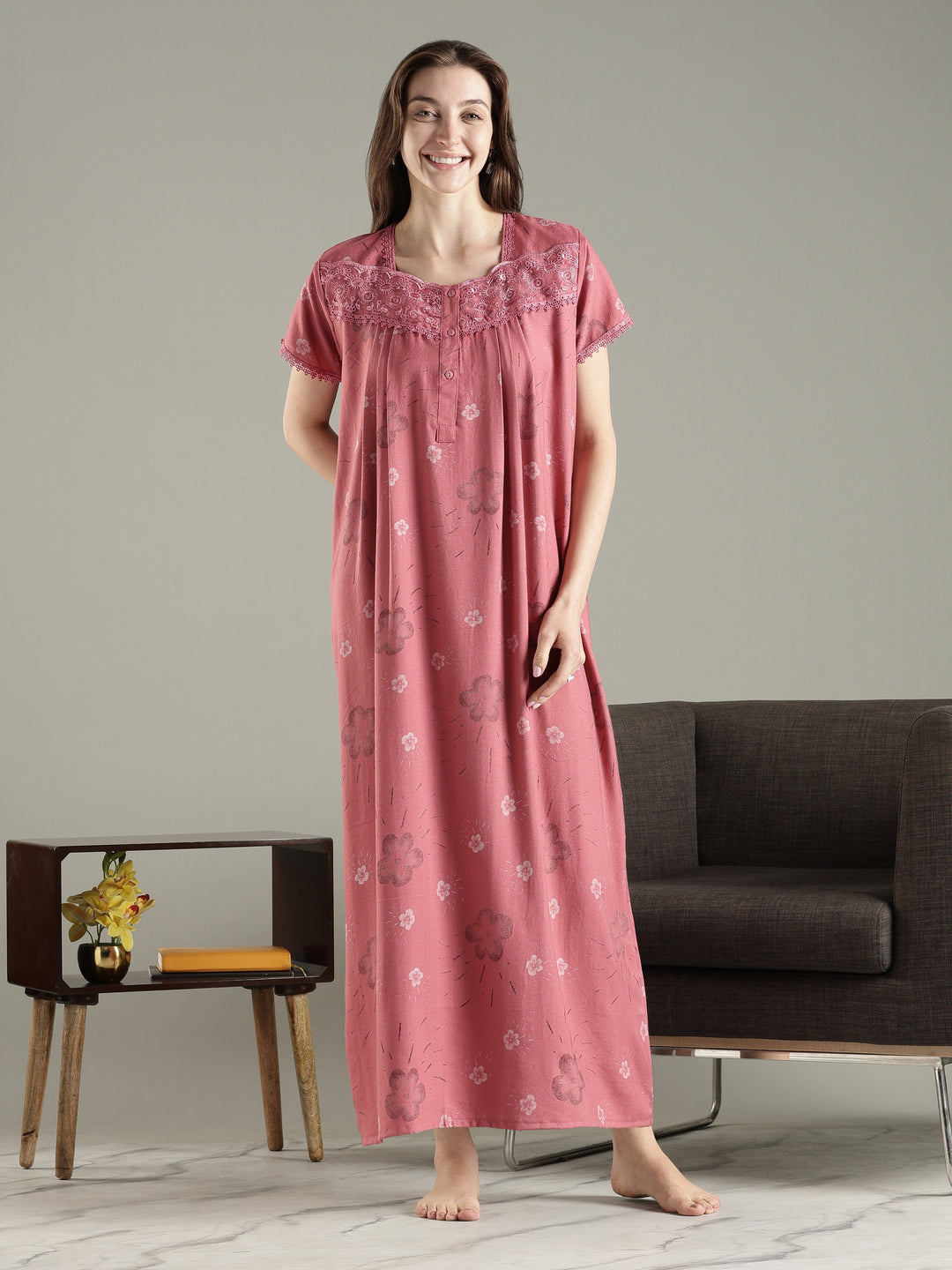 Rose pink pleated alpine floral premium nighty for women