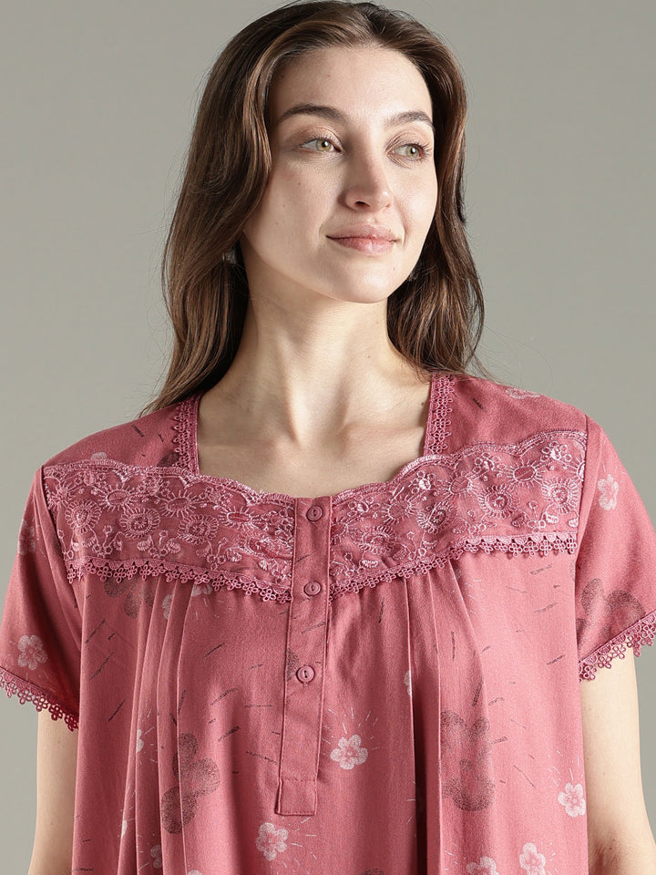 Rose pink pleated alpine floral premium nighty for women