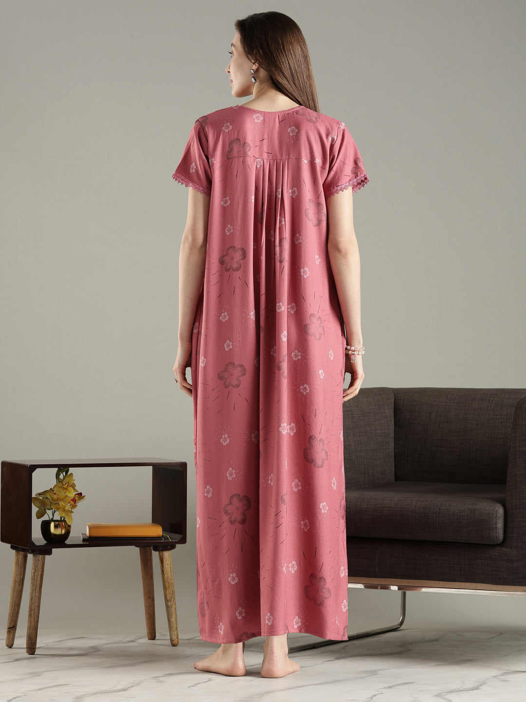 Rose pink pleated alpine floral premium nighty for women