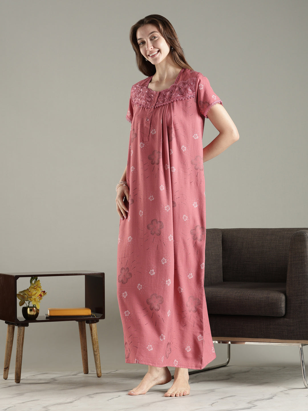 Rose pink pleated alpine floral premium nighty for women