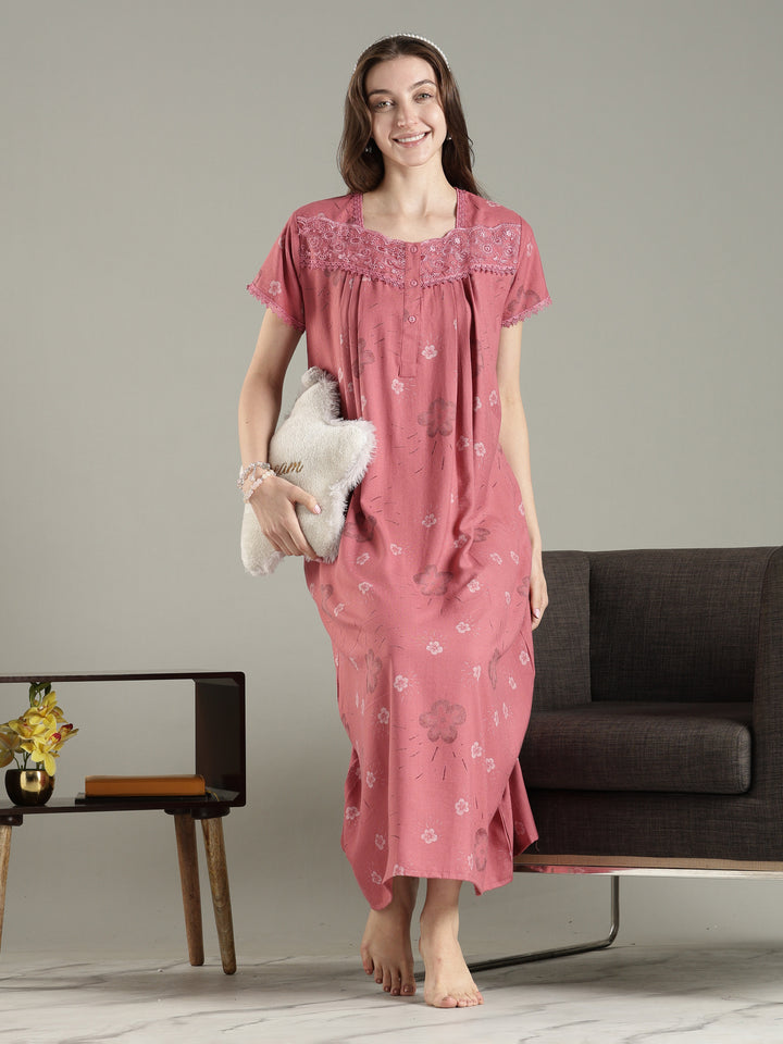 Rose pink pleated alpine floral premium nighty for women