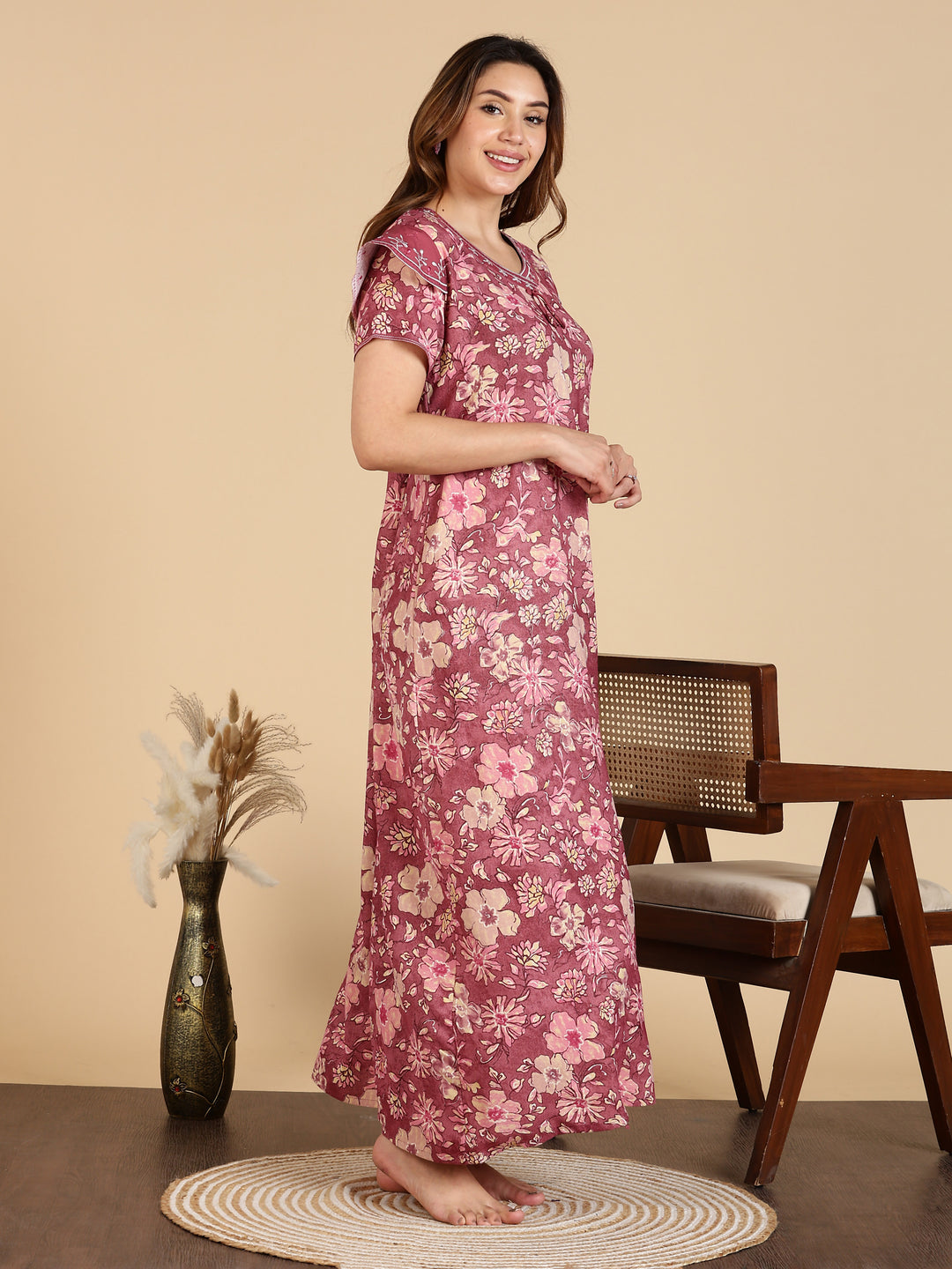 Elegant Rose Pink Designer Alpine Nighty For Women