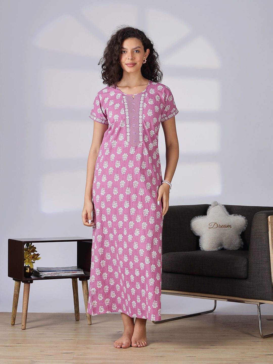 Rose pink trendy pure cotton nightwear for women
