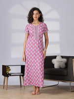 Premium Pure Cotton Designer Rose Pink Nighty for Women