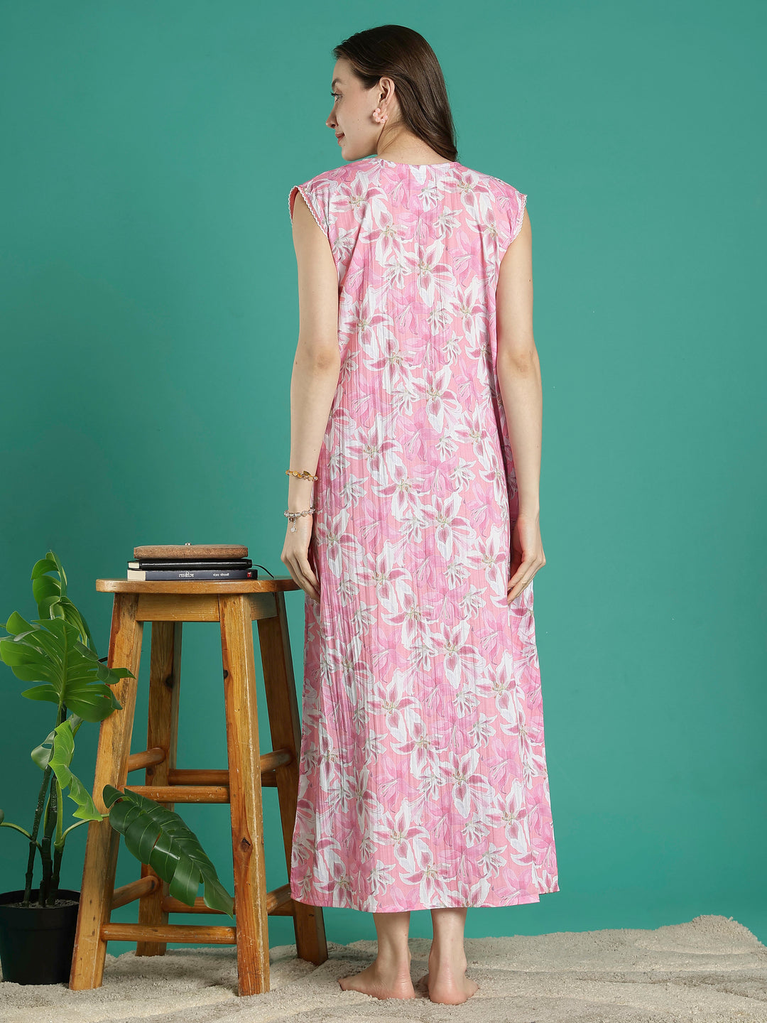 Rose pink floral sleeveless cotton nighty for women