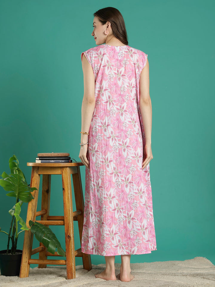 Rose pink floral sleeveless cotton nighty for women