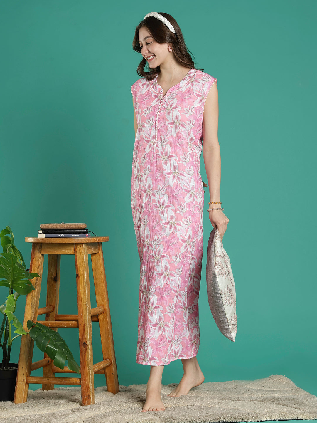 Rose pink floral sleeveless cotton nighty for women