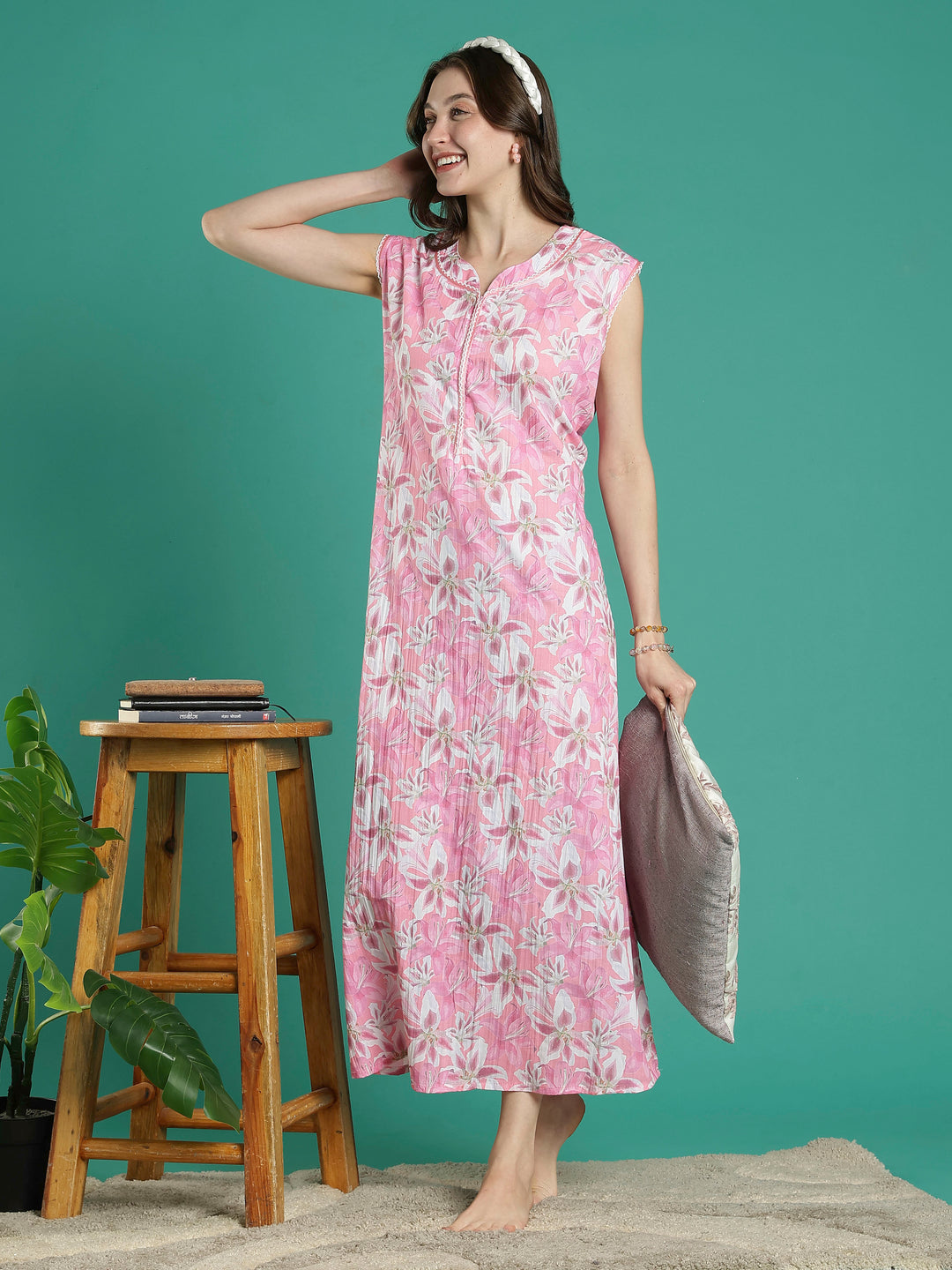 Rose pink floral sleeveless cotton nighty for women