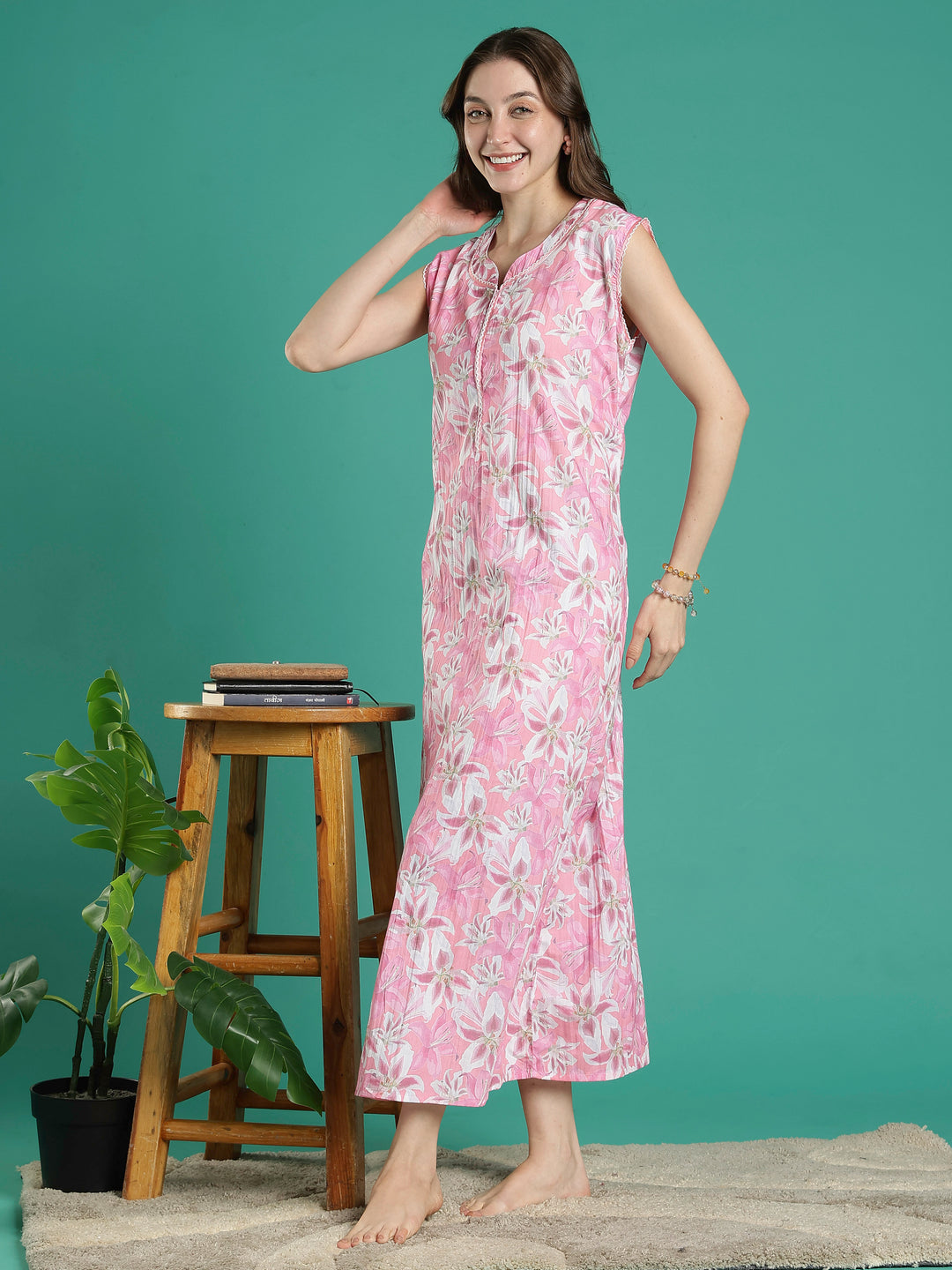 Rose pink floral sleeveless cotton nighty for women