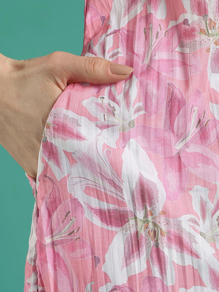 Rose pink floral sleeveless cotton nighty for women