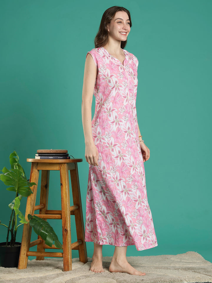 Rose pink floral sleeveless cotton nighty for women