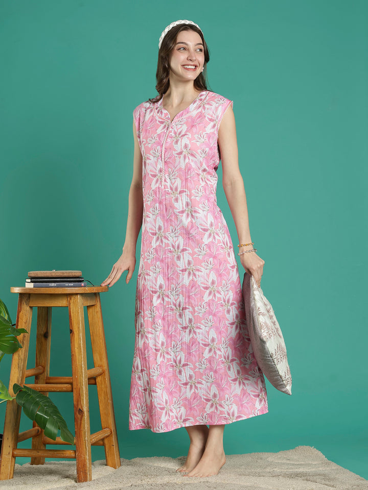 Rose pink floral sleeveless cotton nighty for women