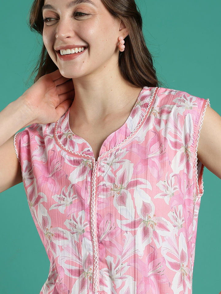 Rose pink floral sleeveless cotton nighty for women