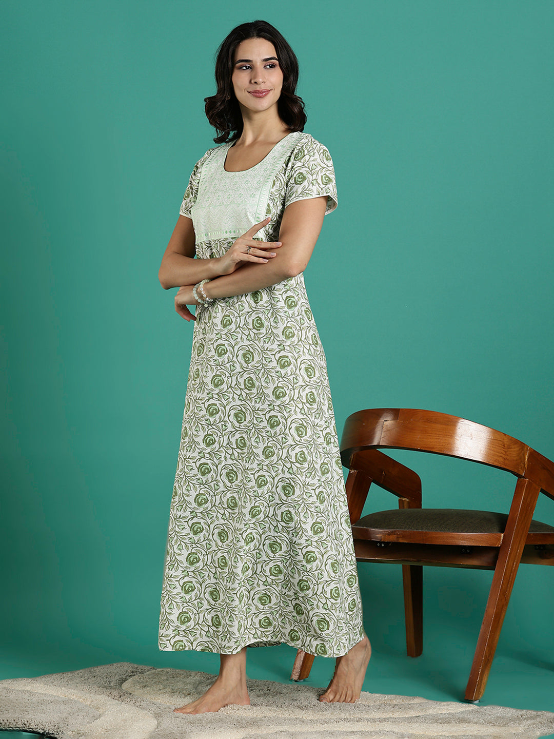 Elegant rose printed pure cotton night dress for women