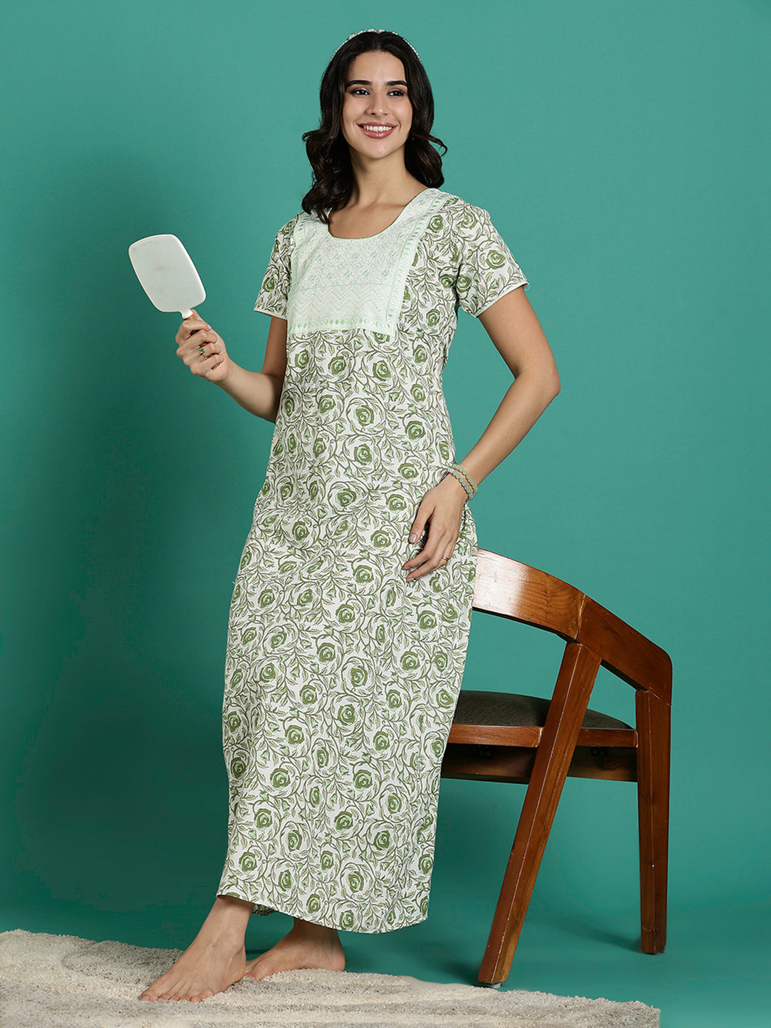 Elegant rose printed pure cotton night dress for women