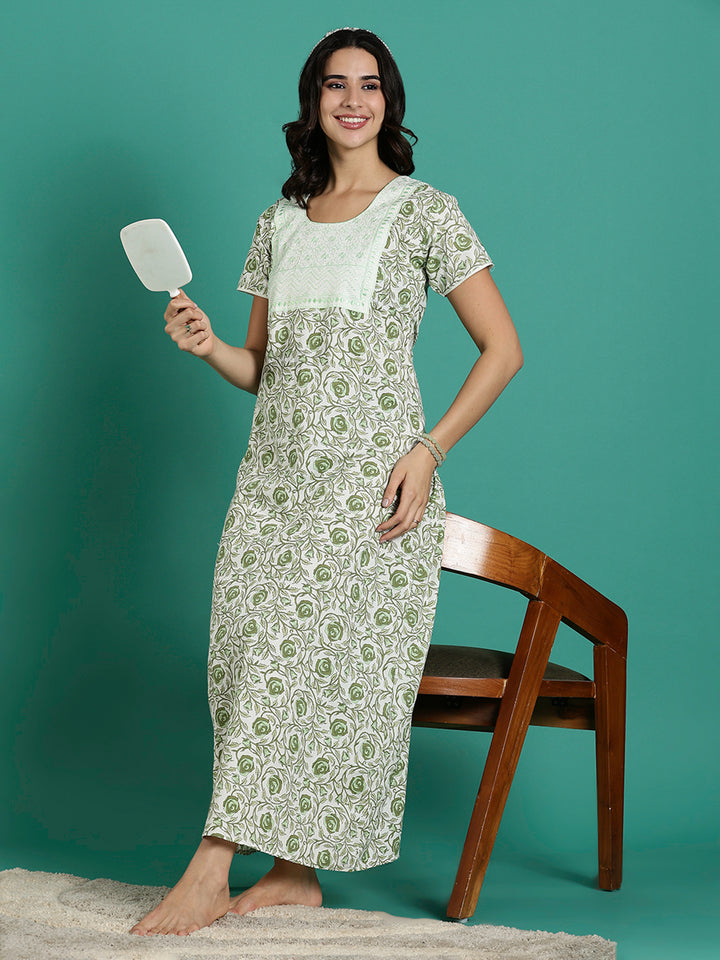 Elegant rose printed pure cotton night dress for women