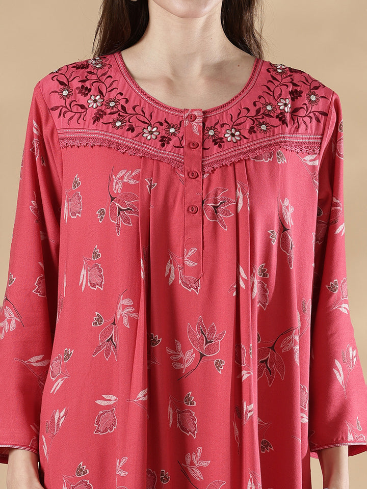 Alpine pleated rosewood pink floral nighty for women