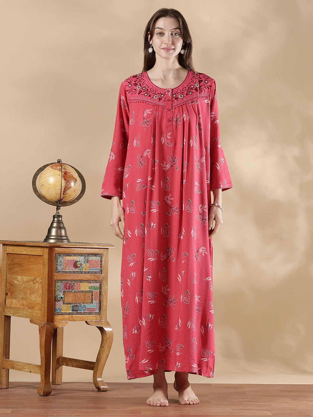 Alpine pleated rosewood pink floral nighty for women