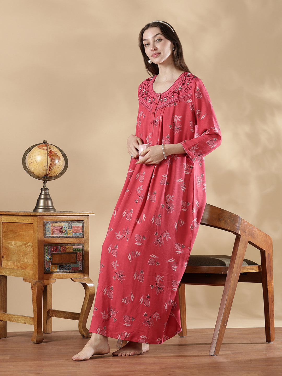 Alpine pleated rosewood pink floral nighty for women