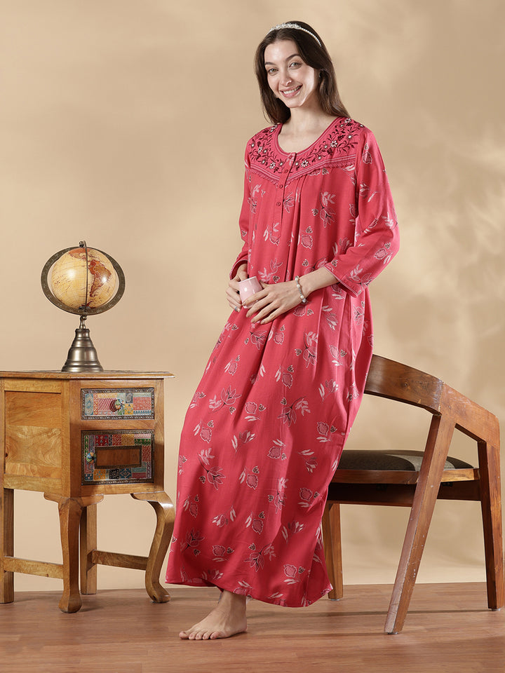 Alpine pleated rosewood pink floral nighty for women