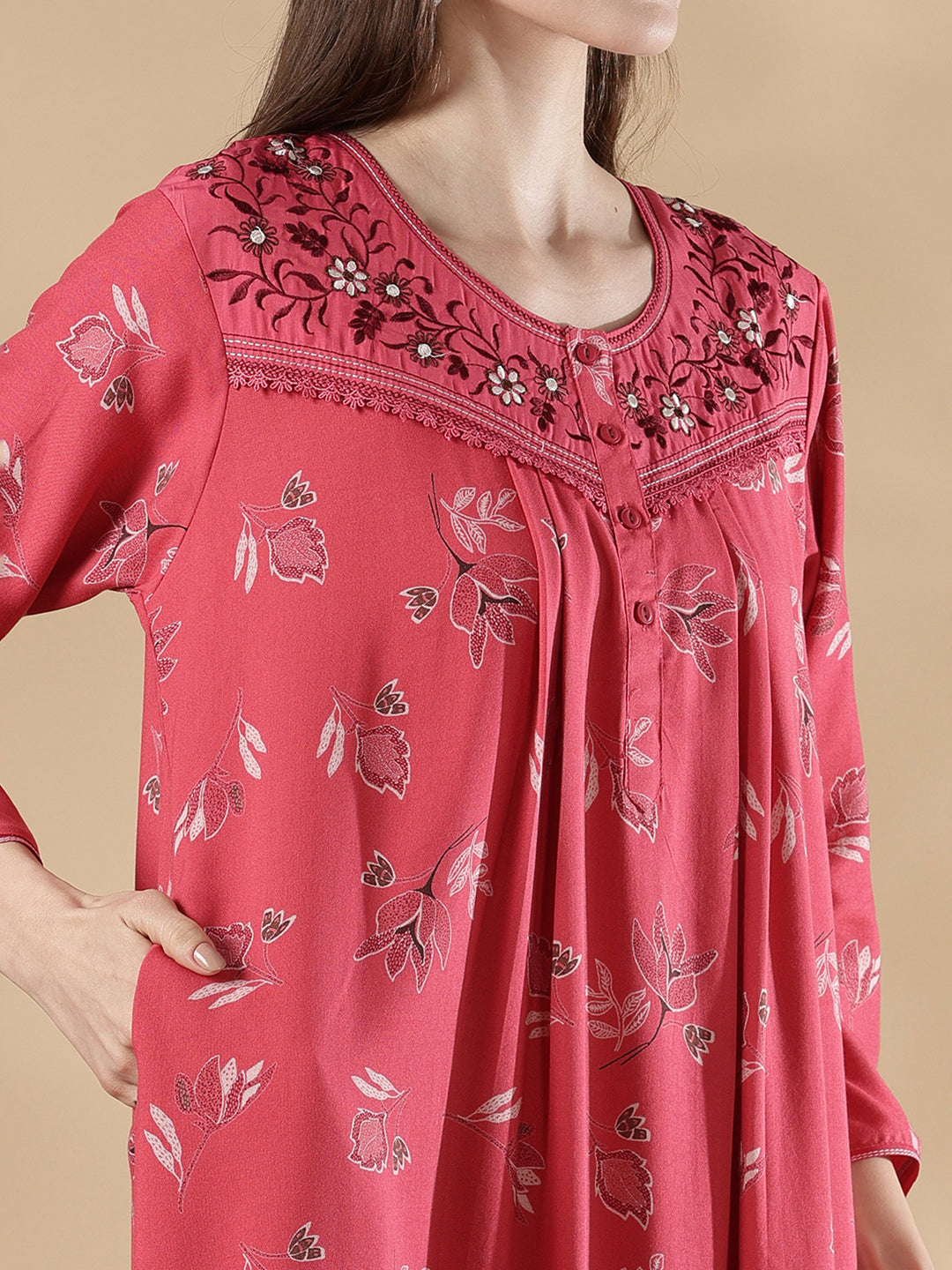 Alpine pleated rosewood pink floral nighty for women