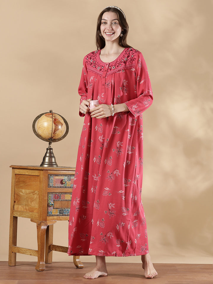 Alpine pleated rosewood pink floral nighty for women