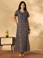 Royal Teal Floral Cotton Nighty for Women