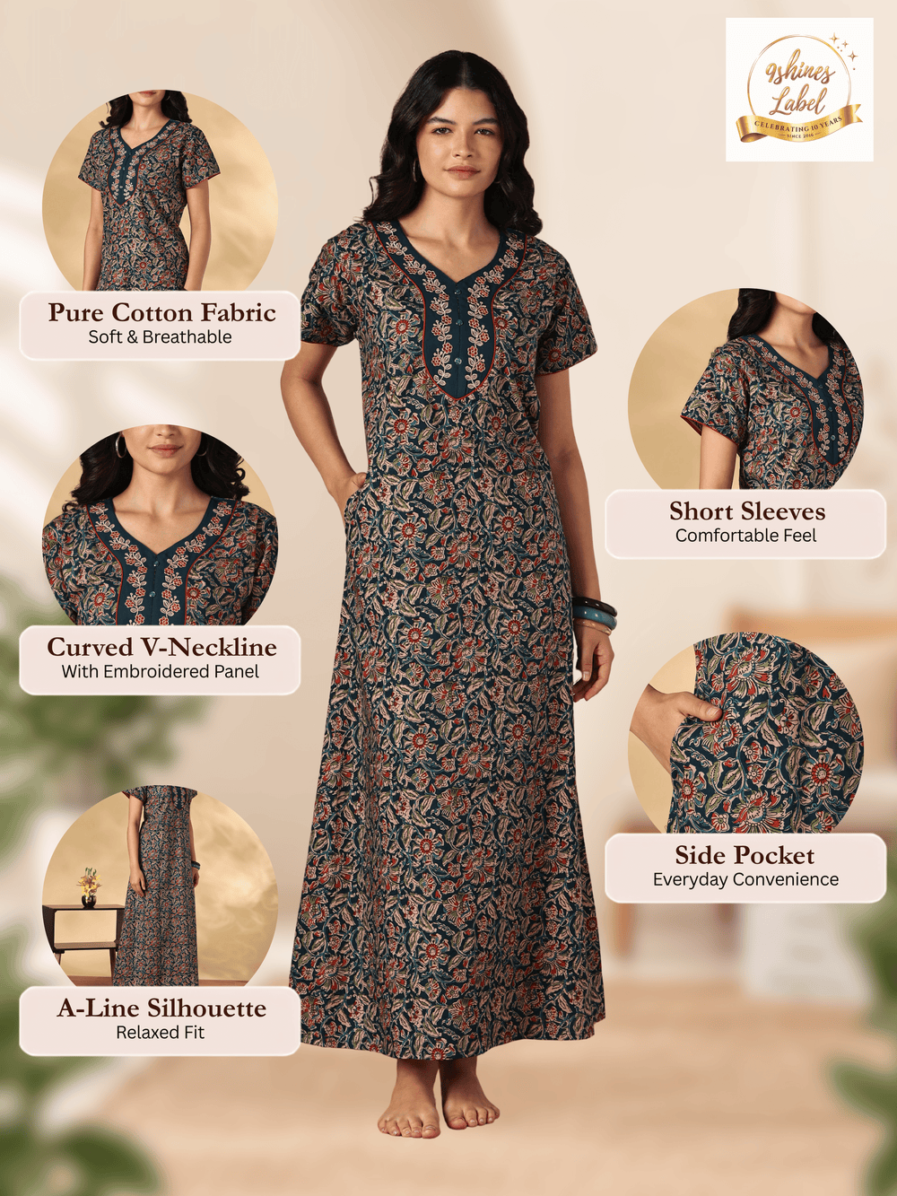 Royal teal floral cotton nighty dress for women online