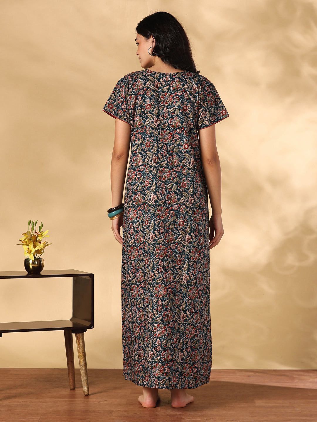 Royal teal floral cotton nighty dress for women online