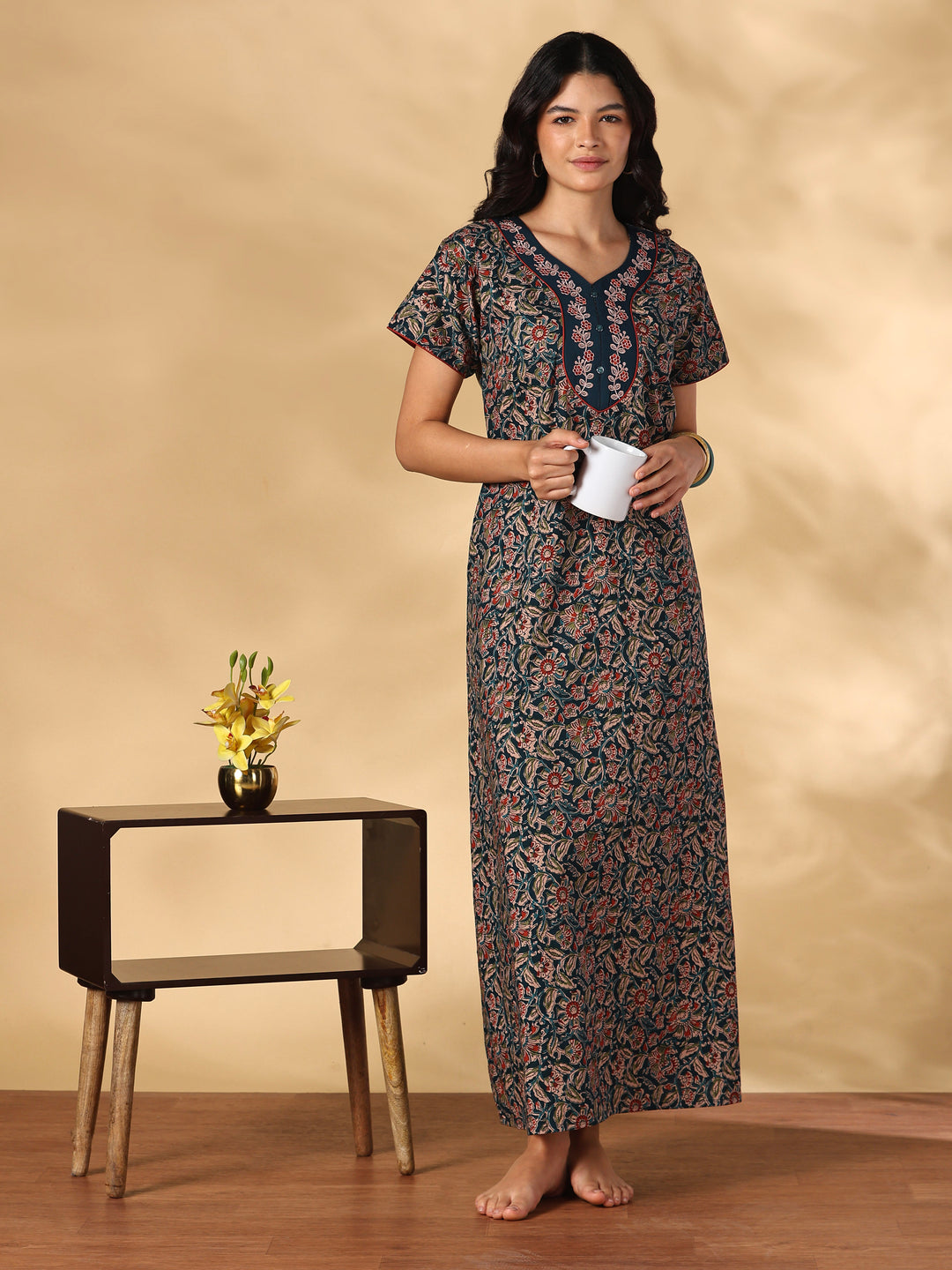 Royal teal floral cotton nighty dress for women online